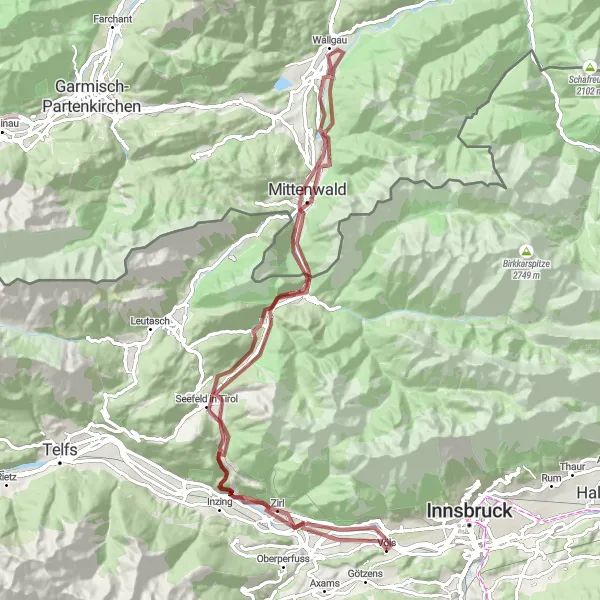 Miniaturekort af cykelinspirationen "Panorama Grusvej Cykeltur fra Völs" i Tirol, Austria. Genereret af Tarmacs.app cykelruteplanlægger