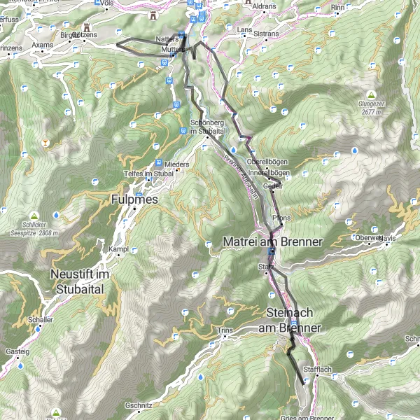 Miniatura della mappa di ispirazione al ciclismo "Esperienza ciclistica da Natters a Mutters" nella regione di Tirol, Austria. Generata da Tarmacs.app, pianificatore di rotte ciclistiche