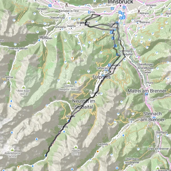 Kartminiatyr av "Oppdag Naturskjønne Steder ved Mutters og Mieders" sykkelinspirasjon i Tirol, Austria. Generert av Tarmacs.app sykkelrutoplanlegger