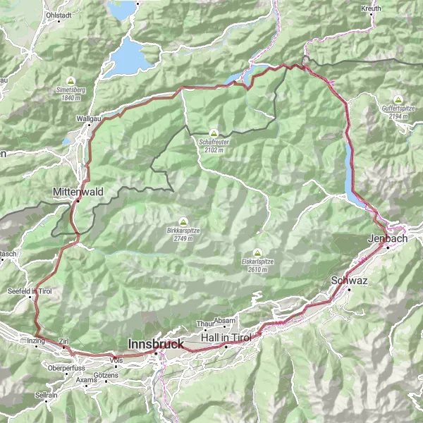 Miniaturekort af cykelinspirationen "Grusvej cykeltur gennem Tyrols bjerge" i Tirol, Austria. Genereret af Tarmacs.app cykelruteplanlægger