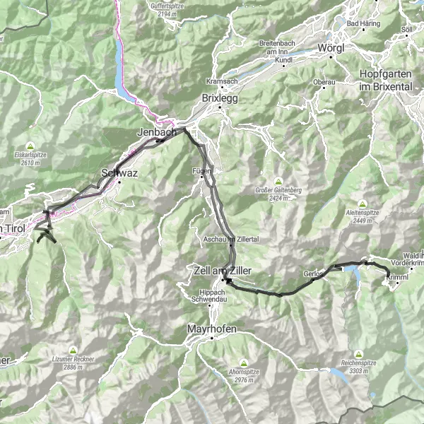 Zemljevid v pomanjšavi "Vznemirljiva Cestna Runda po Tirolskih Gorah" kolesarske inspiracije v Tirol, Austria. Generirano z načrtovalcem kolesarskih poti Tarmacs.app