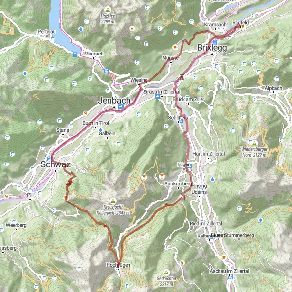 Miniatua del mapa de inspiración ciclista "Ruta de Grava hacia Freundsberg y Stadtberg" en Tirol, Austria. Generado por Tarmacs.app planificador de rutas ciclistas