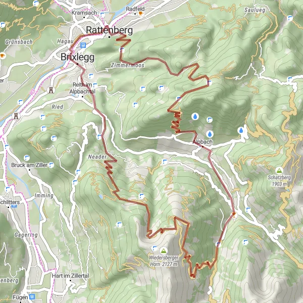 Karttaminiaatyyri "Gravel-seikkailu Alppien sydämessä" pyöräilyinspiraatiosta alueella Tirol, Austria. Luotu Tarmacs.app pyöräilyreittisuunnittelijalla