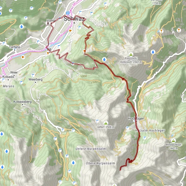Miniatua del mapa de inspiración ciclista "Ruta de grava a través de los Alpes cerca de Vomp" en Tirol, Austria. Generado por Tarmacs.app planificador de rutas ciclistas