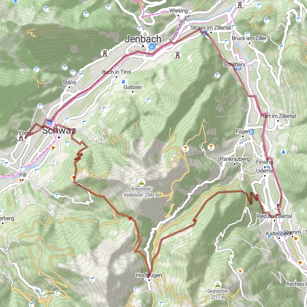 Miniatua del mapa de inspiración ciclista "Ruta de Gravel a través de Vomp y Seebachkogel" en Tirol, Austria. Generado por Tarmacs.app planificador de rutas ciclistas