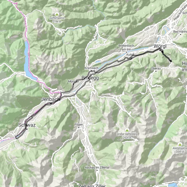 Miniatua del mapa de inspiración ciclista "Ruta de ciclismo de carretera desde Vomp a Pill y más allá" en Tirol, Austria. Generado por Tarmacs.app planificador de rutas ciclistas