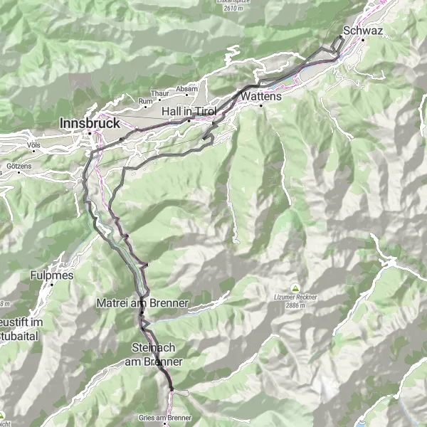 Miniature de la carte de l'inspiration cycliste "Observation Tower - Volders - Stubaitalblick - Bergisel" dans la Tirol, Austria. Générée par le planificateur d'itinéraire cycliste Tarmacs.app