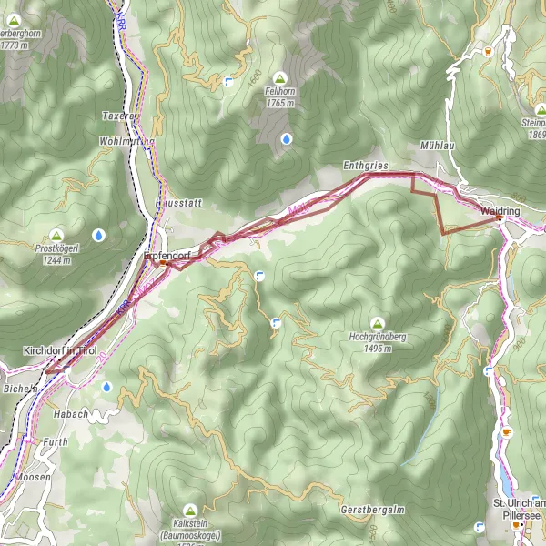 Miniatua del mapa de inspiración ciclista "Ruta de 25km en grava desde Waidring" en Tirol, Austria. Generado por Tarmacs.app planificador de rutas ciclistas