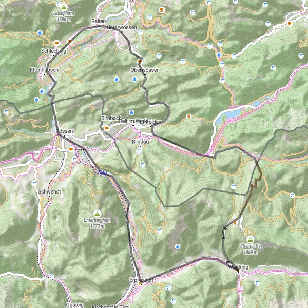 Miniatura della mappa di ispirazione al ciclismo "Giro in bicicletta attraverso le montagne di Tirol" nella regione di Tirol, Austria. Generata da Tarmacs.app, pianificatore di rotte ciclistiche