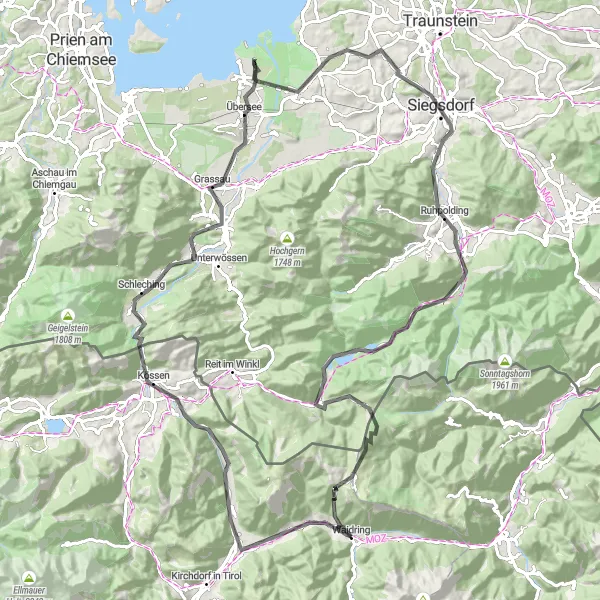 Kartminiatyr av "Langvei-ekspedisjon gjennom Ruhpolding og Winklmoosalm" sykkelinspirasjon i Tirol, Austria. Generert av Tarmacs.app sykkelrutoplanlegger