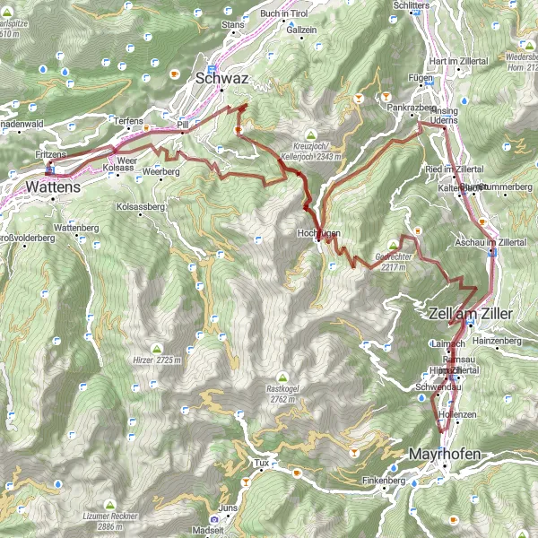 Miniatuurkaart van de fietsinspiratie "Ultieme Gravel Challenge" in Tirol, Austria. Gemaakt door de Tarmacs.app fietsrouteplanner