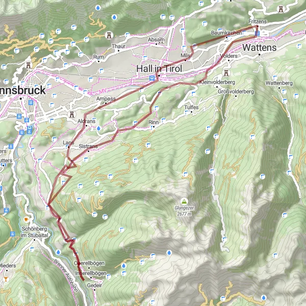 Miniatuurkaart van de fietsinspiratie "Gravelroute van 57 km door bergachtig landschap" in Tirol, Austria. Gemaakt door de Tarmacs.app fietsrouteplanner