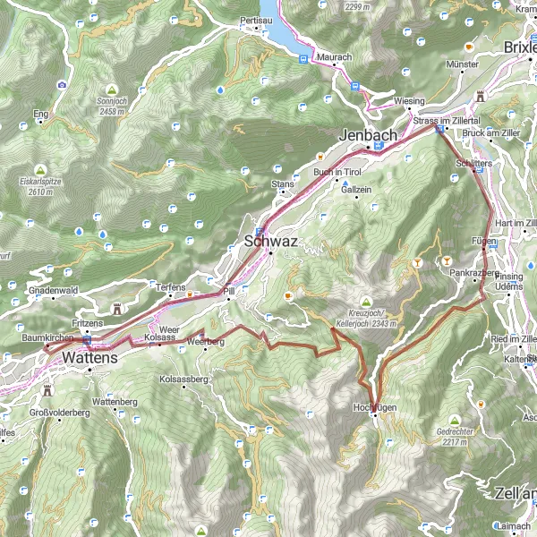 Miniatua del mapa de inspiración ciclista "Ruta por Schwaz y Loassattel" en Tirol, Austria. Generado por Tarmacs.app planificador de rutas ciclistas