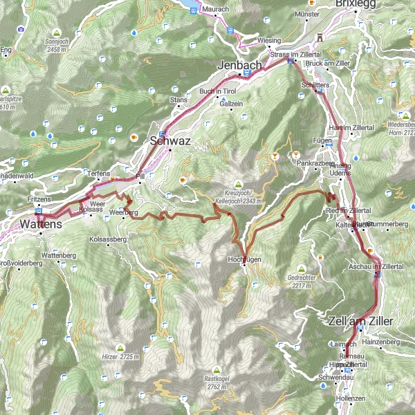 Miniatuurkaart van de fietsinspiratie "Ontdek de natuur op gravelroute van 103 km" in Tirol, Austria. Gemaakt door de Tarmacs.app fietsrouteplanner