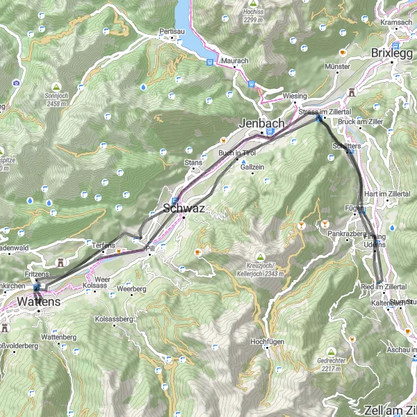 Miniatua del mapa de inspiración ciclista "Ruta panorámica a Buch in Tirol y Fritzens" en Tirol, Austria. Generado por Tarmacs.app planificador de rutas ciclistas