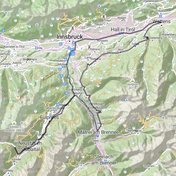 Kartminiatyr av "Landskap og kultur på landeveien" sykkelinspirasjon i Tirol, Austria. Generert av Tarmacs.app sykkelrutoplanlegger