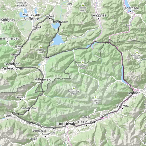 Miniature de la carte de l'inspiration cycliste "Innsbruck à Achenkirch" dans la Tirol, Austria. Générée par le planificateur d'itinéraire cycliste Tarmacs.app