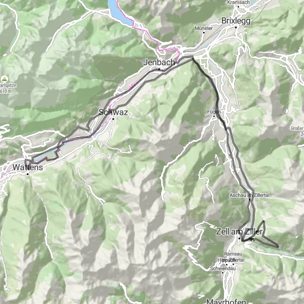 Karttaminiaatyyri "Observation Tower - Fritzens" pyöräilyinspiraatiosta alueella Tirol, Austria. Luotu Tarmacs.app pyöräilyreittisuunnittelijalla