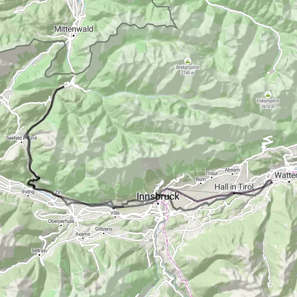 Miniature de la carte de l'inspiration cycliste "Escapade à travers les Alpes tyroliennes" dans la Tirol, Austria. Générée par le planificateur d'itinéraire cycliste Tarmacs.app