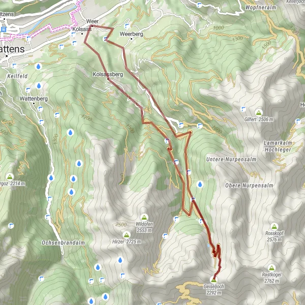 Miniaturekort af cykelinspirationen "Kort og Intens Gruskørsel til Kolsassberg" i Tirol, Austria. Genereret af Tarmacs.app cykelruteplanlægger