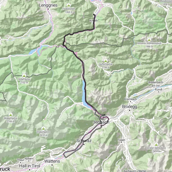 Kartminiatyr av "Achenwald möts av Schwaz cykelutmaning" cykelinspiration i Tirol, Austria. Genererad av Tarmacs.app cykelruttplanerare