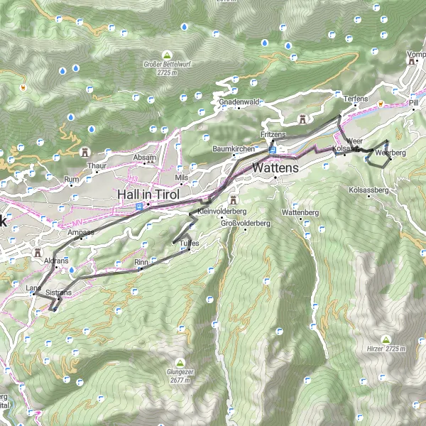 Miniatua del mapa de inspiración ciclista "Ruta corta por Fritzens y Wattens" en Tirol, Austria. Generado por Tarmacs.app planificador de rutas ciclistas