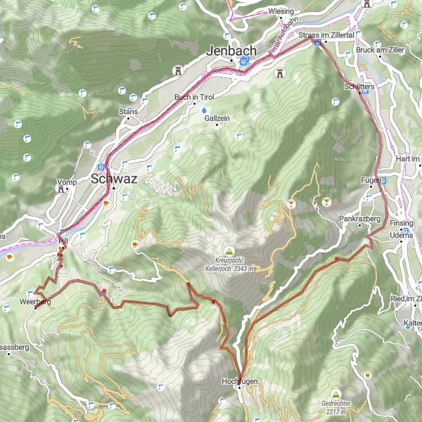 Mapa miniatúra "Gravel Route to Hochfügen" cyklistická inšpirácia v Tirol, Austria. Vygenerované cyklistickým plánovačom trás Tarmacs.app