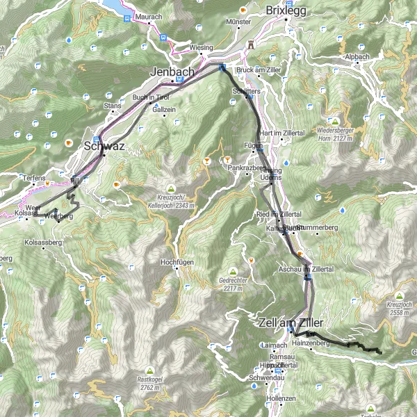 Karttaminiaatyyri "Tirolin suuri kiertokäynti maantiepyörällä" pyöräilyinspiraatiosta alueella Tirol, Austria. Luotu Tarmacs.app pyöräilyreittisuunnittelijalla