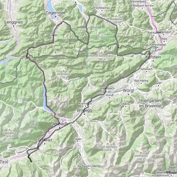 Mapa miniatúra "Cestná trasa Auracher Köpferl" cyklistická inšpirácia v Tirol, Austria. Vygenerované cyklistickým plánovačom trás Tarmacs.app