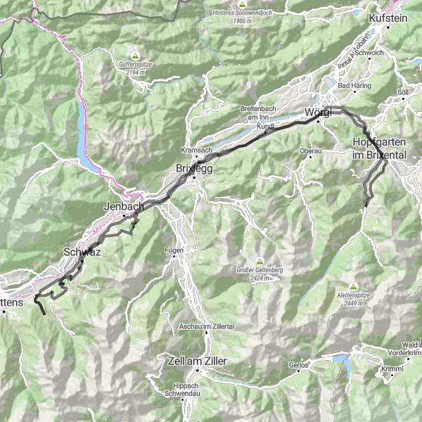 Mapa miniatúra "Road Adventure to Schloss Freundsberg" cyklistická inšpirácia v Tirol, Austria. Vygenerované cyklistickým plánovačom trás Tarmacs.app