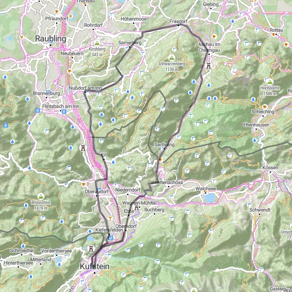 Mapa miniatúra "Cestovanie okolo Kufsteinu až po Rogerkopf" cyklistická inšpirácia v Tirol, Austria. Vygenerované cyklistickým plánovačom trás Tarmacs.app