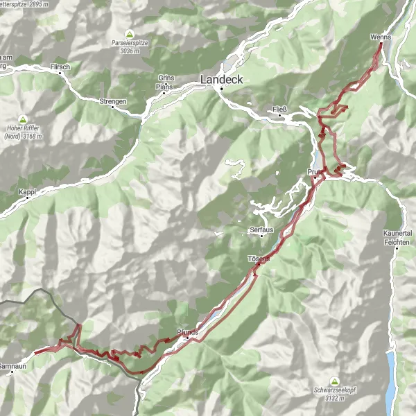 Zemljevid v pomanjšavi "Gorsko kolesarjenje do Wenns" kolesarske inspiracije v Tirol, Austria. Generirano z načrtovalcem kolesarskih poti Tarmacs.app