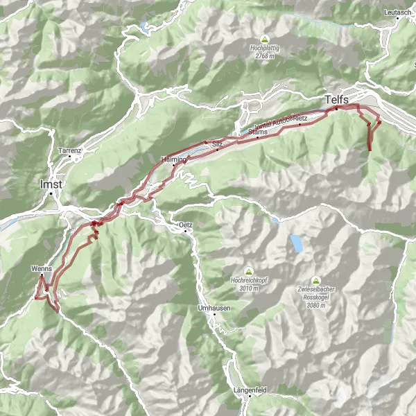 Mapa miniatúra "Gravel Tour over 100km near Wenns" cyklistická inšpirácia v Tirol, Austria. Vygenerované cyklistickým plánovačom trás Tarmacs.app