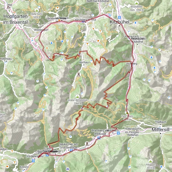 Miniatura della mappa di ispirazione al ciclismo "Giro di 142 km a Westendorf" nella regione di Tirol, Austria. Generata da Tarmacs.app, pianificatore di rotte ciclistiche
