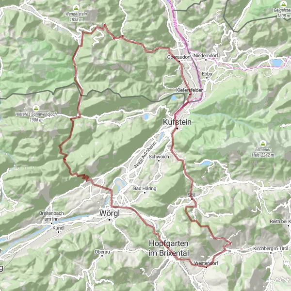 Miniatuurkaart van de fietsinspiratie "Avontuurlijke gravelroute naar Bayrischzell" in Tirol, Austria. Gemaakt door de Tarmacs.app fietsrouteplanner