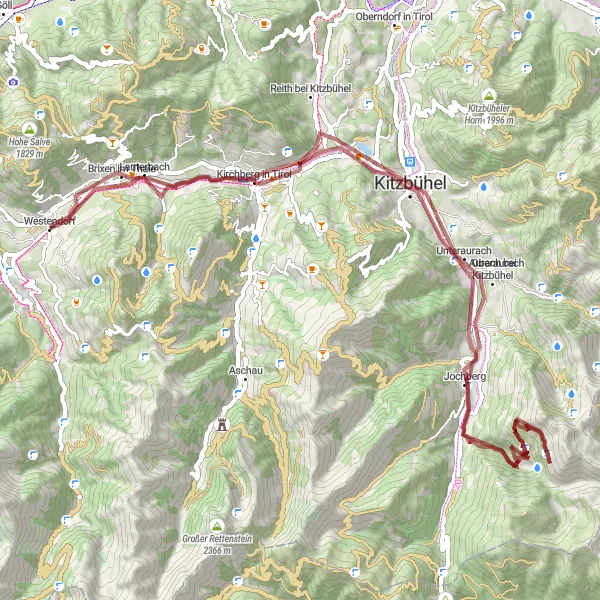 Miniatura della mappa di ispirazione al ciclismo "Avventura in Gravel tra montagne e villaggi" nella regione di Tirol, Austria. Generata da Tarmacs.app, pianificatore di rotte ciclistiche
