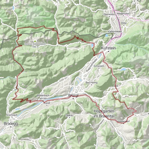 Map miniature of "Ultimate Gravel Challenge: Wörgl to Vorderthiersee" cycling inspiration in Tirol, Austria. Generated by Tarmacs.app cycling route planner