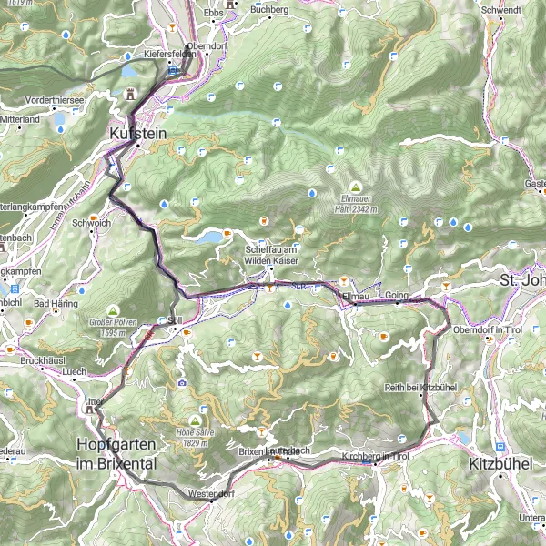 Miniatura della mappa di ispirazione al ciclismo "Giro di 82 km a Westendorf" nella regione di Tirol, Austria. Generata da Tarmacs.app, pianificatore di rotte ciclistiche