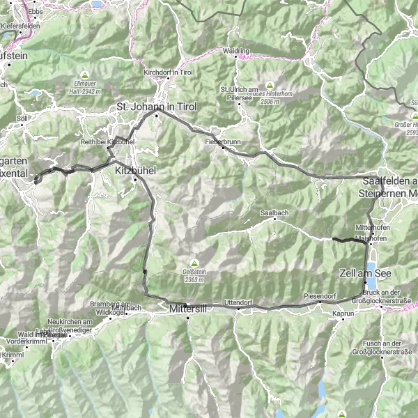 Miniatua del mapa de inspiración ciclista "Experiencia Alpina en Bicicleta" en Tirol, Austria. Generado por Tarmacs.app planificador de rutas ciclistas