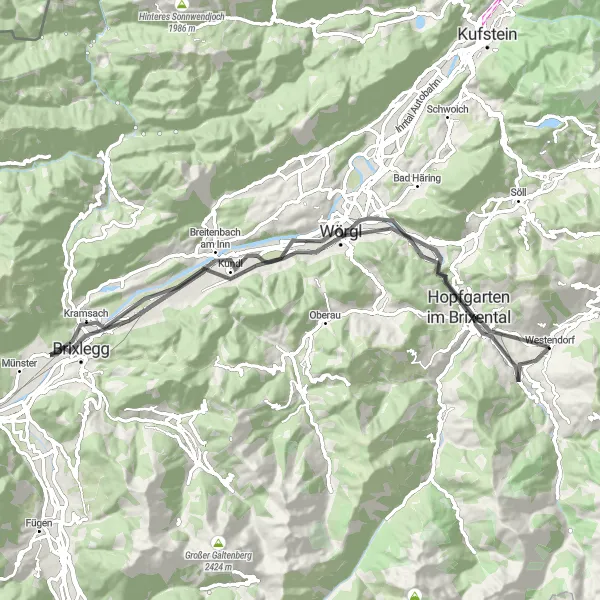 Miniature de la carte de l'inspiration cycliste "Tour de Tyrol on Road" dans la Tirol, Austria. Générée par le planificateur d'itinéraire cycliste Tarmacs.app