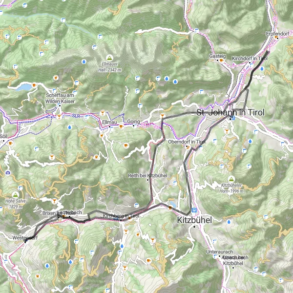 Miniatura della mappa di ispirazione al ciclismo "Giro in bicicletta da Westendorf a Brixen im Thale" nella regione di Tirol, Austria. Generata da Tarmacs.app, pianificatore di rotte ciclistiche