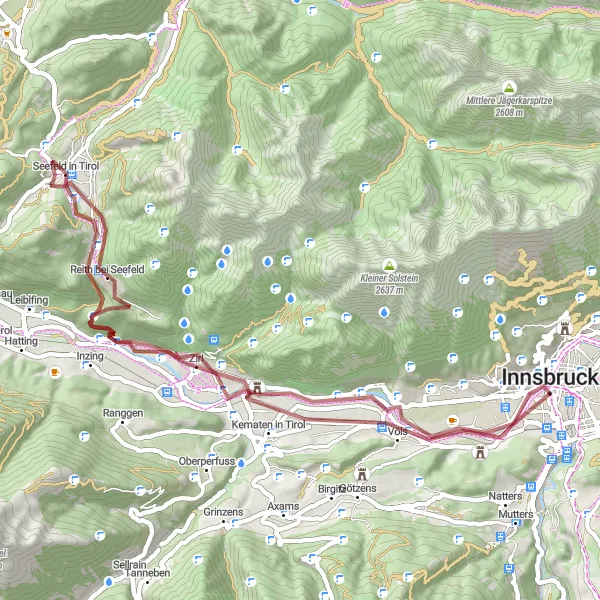 Miniatura della mappa di ispirazione al ciclismo "Giro in Gravel intorno a Wilten" nella regione di Tirol, Austria. Generata da Tarmacs.app, pianificatore di rotte ciclistiche