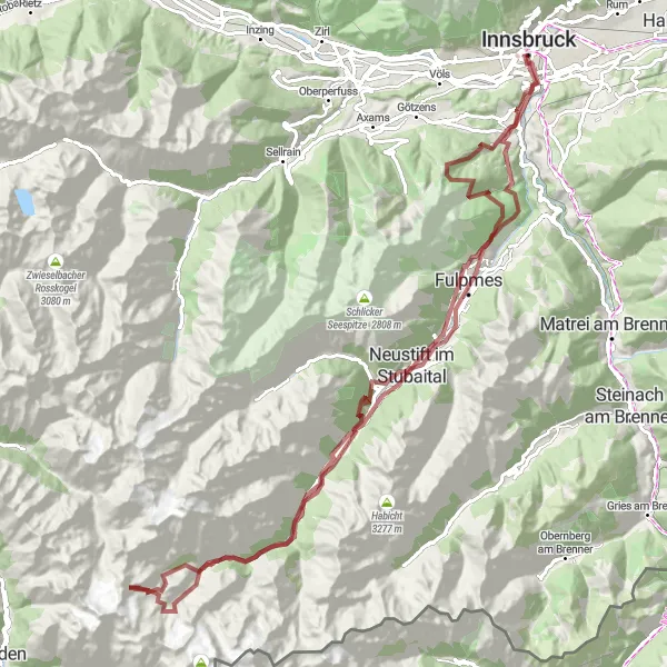 Miniatuurkaart van de fietsinspiratie "Uitdagende gravelroute door berglandschappen" in Tirol, Austria. Gemaakt door de Tarmacs.app fietsrouteplanner