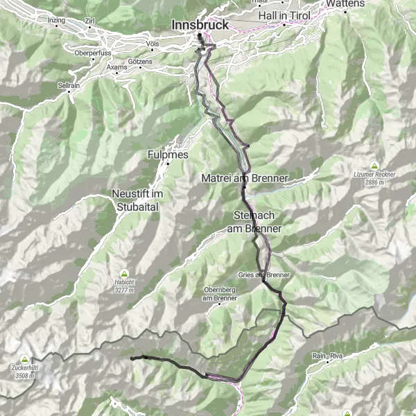 Mapa miniatúra "Náročná horská trasa" cyklistická inšpirácia v Tirol, Austria. Vygenerované cyklistickým plánovačom trás Tarmacs.app