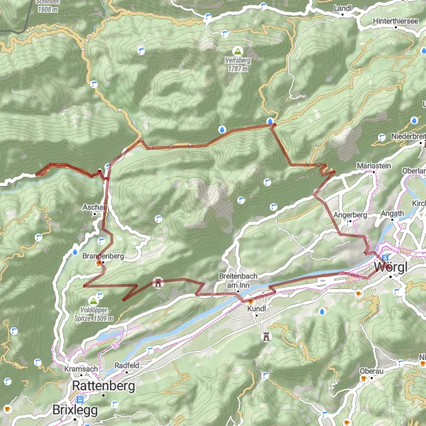 Kartminiatyr av "Krevende Gravel Rute fra Wörgl til Zimmerer Kopf" sykkelinspirasjon i Tirol, Austria. Generert av Tarmacs.app sykkelrutoplanlegger