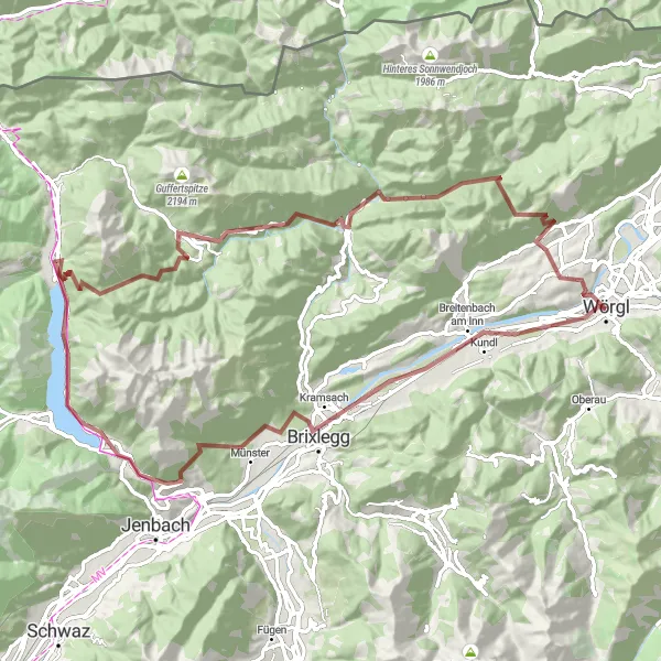 Miniatura della mappa di ispirazione al ciclismo "Giro in Gravel attraverso le montagne di Tirol" nella regione di Tirol, Austria. Generata da Tarmacs.app, pianificatore di rotte ciclistiche