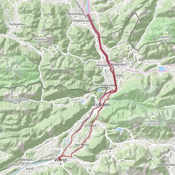 Map miniature of "Schwoich to Kiefersfelden" cycling inspiration in Tirol, Austria. Generated by Tarmacs.app cycling route planner
