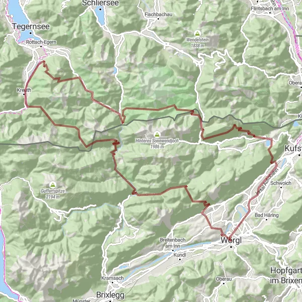 Miniatua del mapa de inspiración ciclista "Ruta de Grava con Grandes Destinos" en Tirol, Austria. Generado por Tarmacs.app planificador de rutas ciclistas