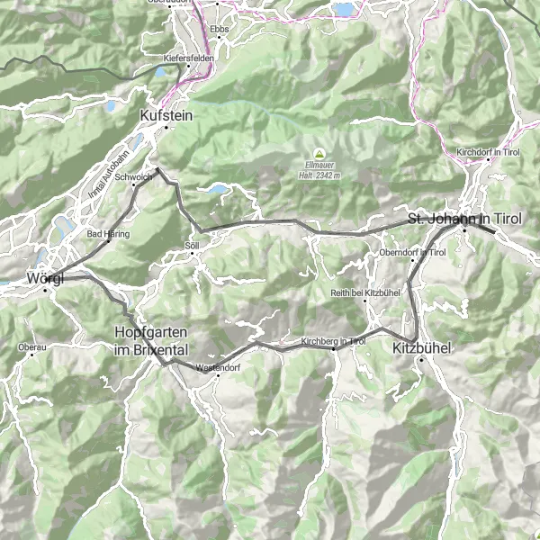 Miniatura della mappa di ispirazione al ciclismo "Da Schwoich a Kitzbühel su due ruote" nella regione di Tirol, Austria. Generata da Tarmacs.app, pianificatore di rotte ciclistiche