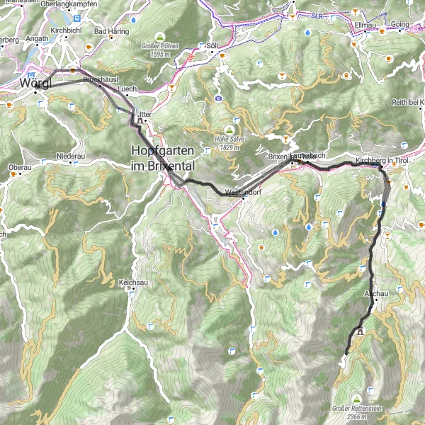 Miniaturní mapa "Road Cycling Wörgl - Brixen im Thale" inspirace pro cyklisty v oblasti Tirol, Austria. Vytvořeno pomocí plánovače tras Tarmacs.app